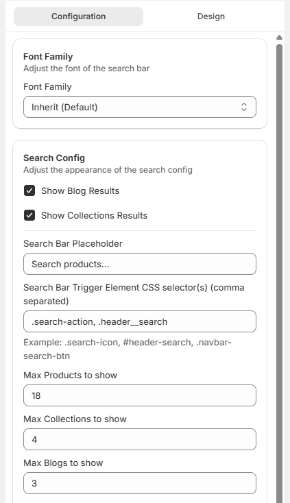 Screenshot of Surge Search Bar Customization Tab-Configuration