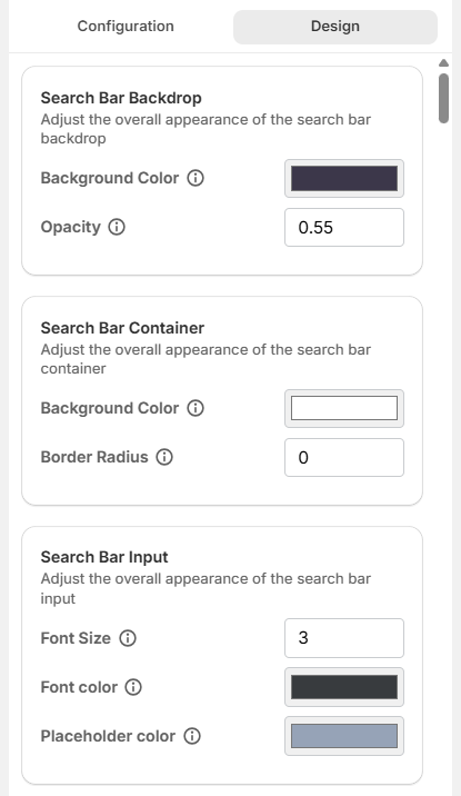 Screenshot of Surge Search Bar Customization Tab-Design