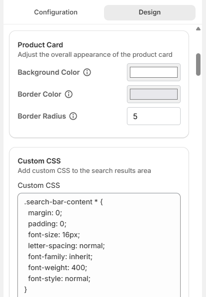 Screenshot of Surge Search Bar Customization Tab-Design