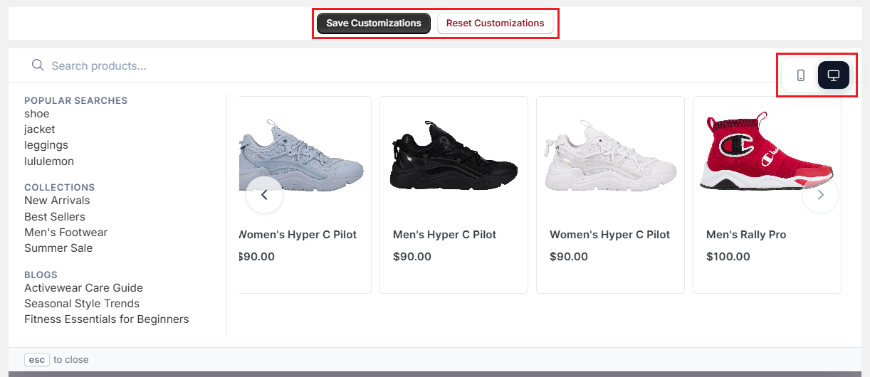 Screenshot of Surge Search Bar Customization Tab-Preview and Save Customization