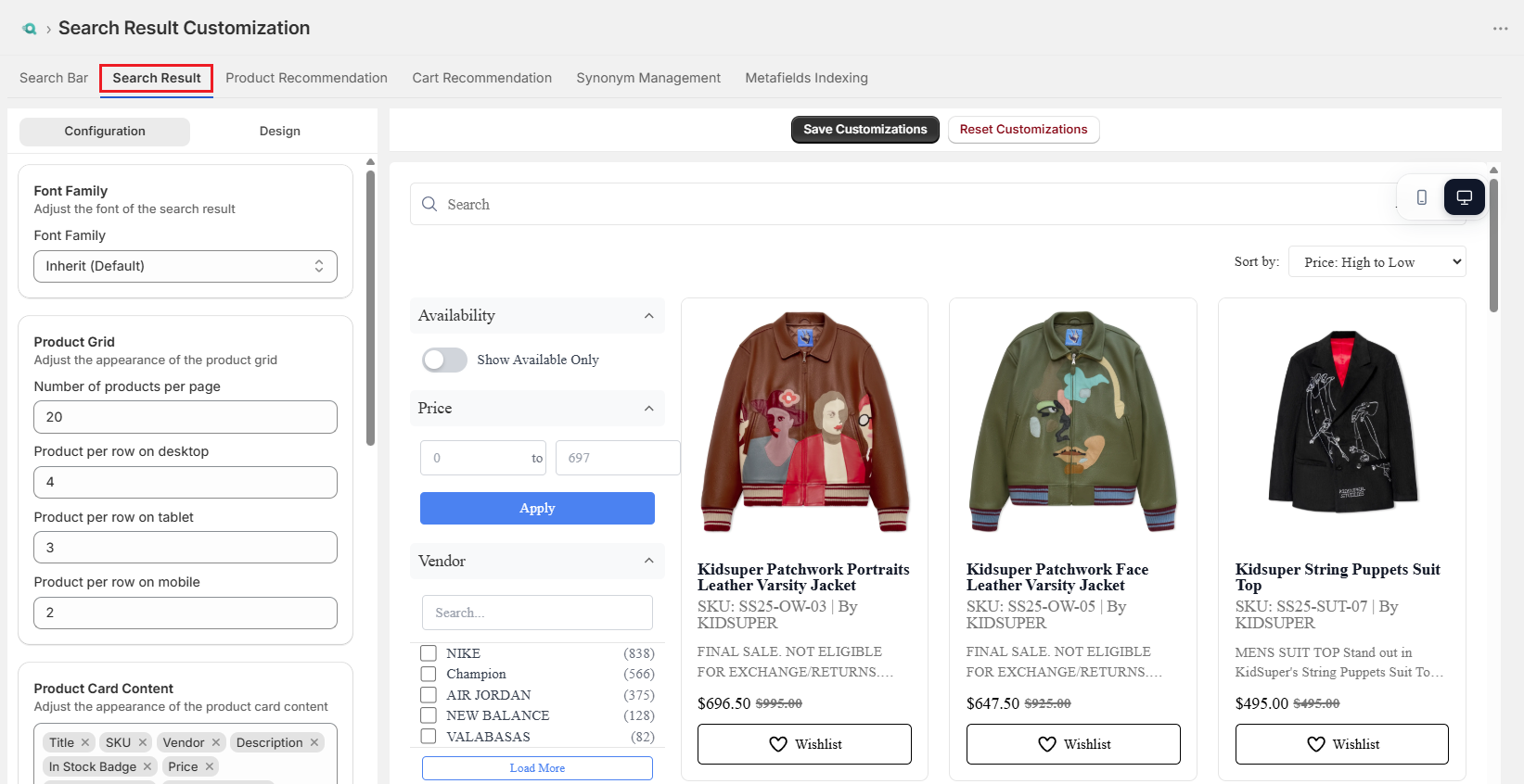 Screenshot of Surge Search Result Customization Tab