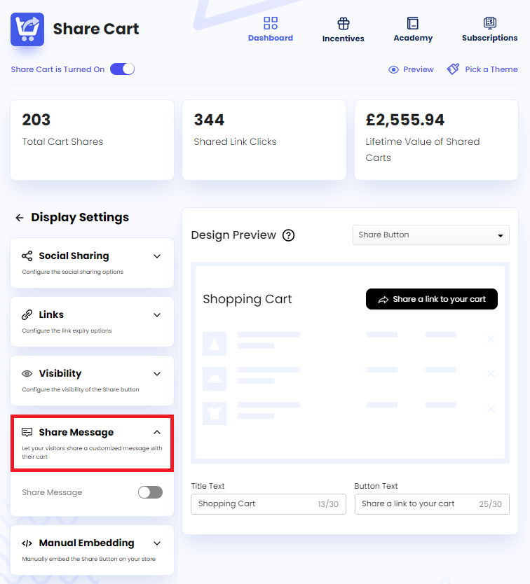 Screenshot of Share Cart Dashboard-Clicking on Share Message
