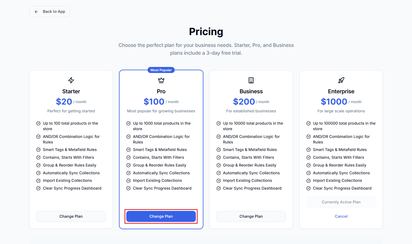 Smart Collections Builder Pricing Page Screenshot of Smart Collections Builder Pricing Page