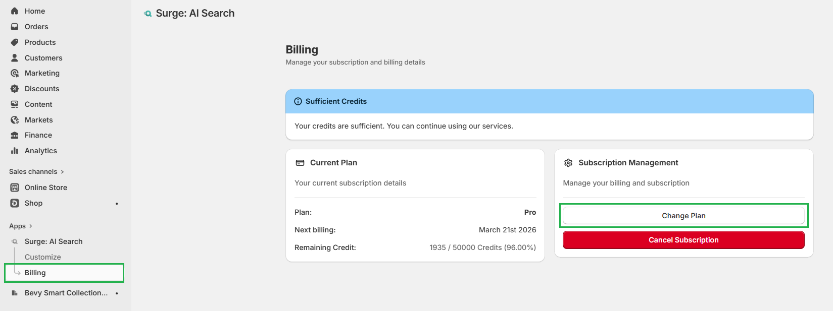 Screenshot of Surge Billing Tab-Change Plan