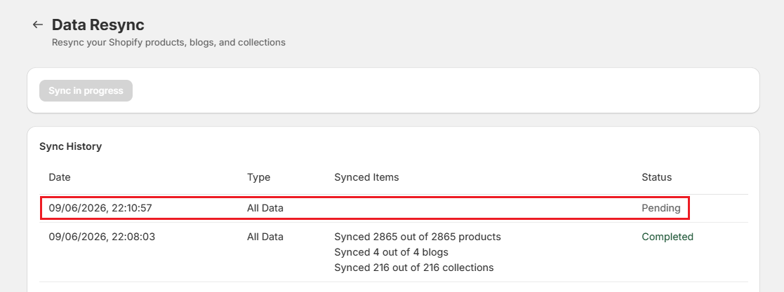 Screenshot of Surge Resync Data-Pending
