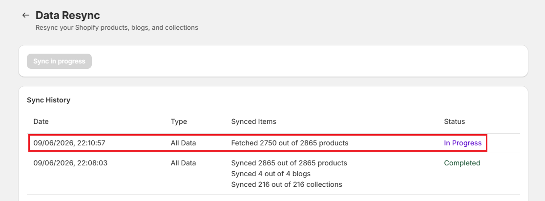 Screenshot of Surge Resync Data-In Progress