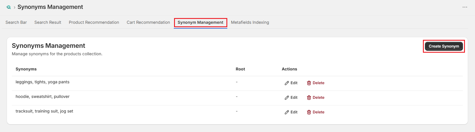 Surge Synonym Management Tab-Create Synonym Screenshot of Surge Synonym Management Tab-Create Synonym