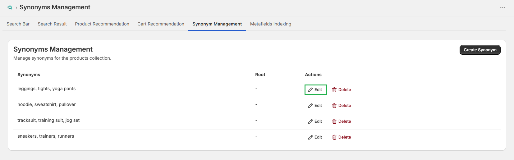 Surge Synonym Management Tab-Edit Synonym Screenshot of Surge Synonym Management Tab-Edit Synonym