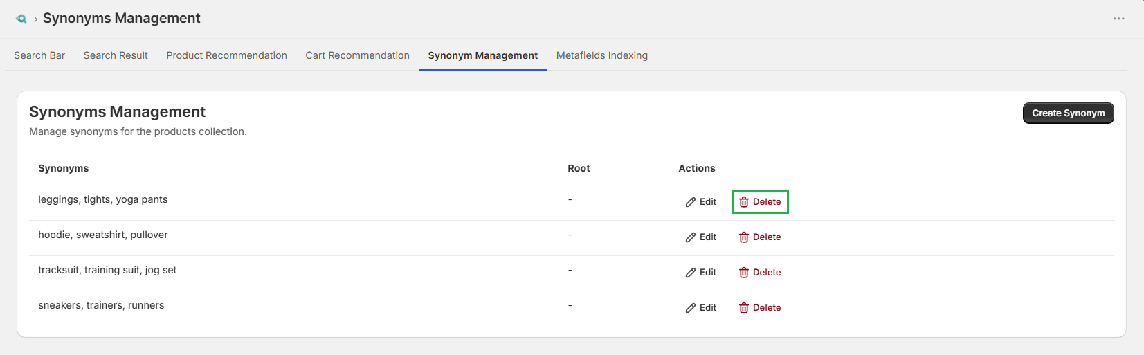 Surge Synonym Management Tab-Delete Synonym Screenshot of Surge Synonym Management Tab-Delete Synonym