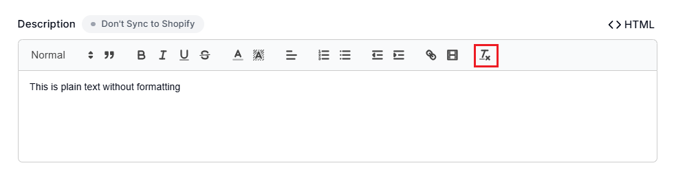 Screenshot of Smart Collections Builder Rich Text Editor-Clear Formatting