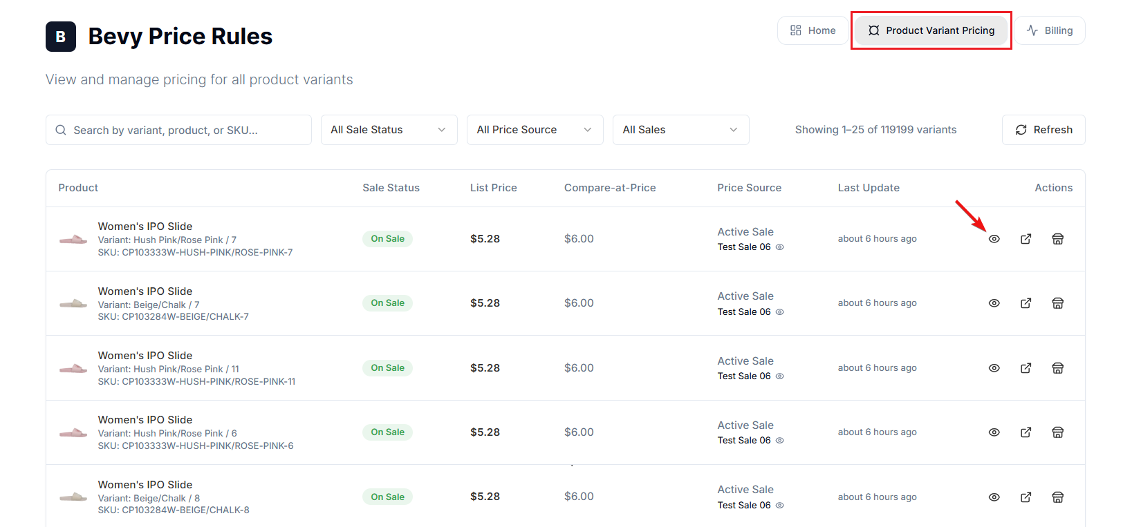 Screenshot of Price Rules-Viewing Variant Price History