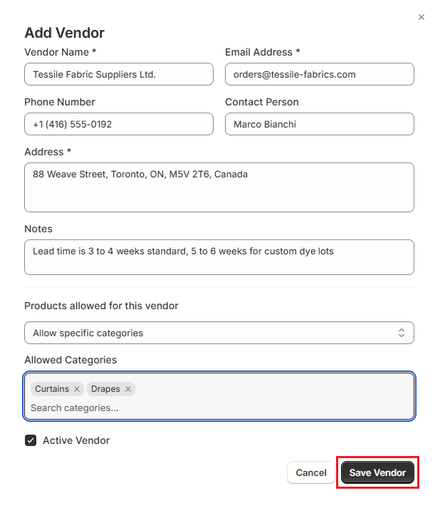 Screenshot of OrderPilot Create and Save Vendor