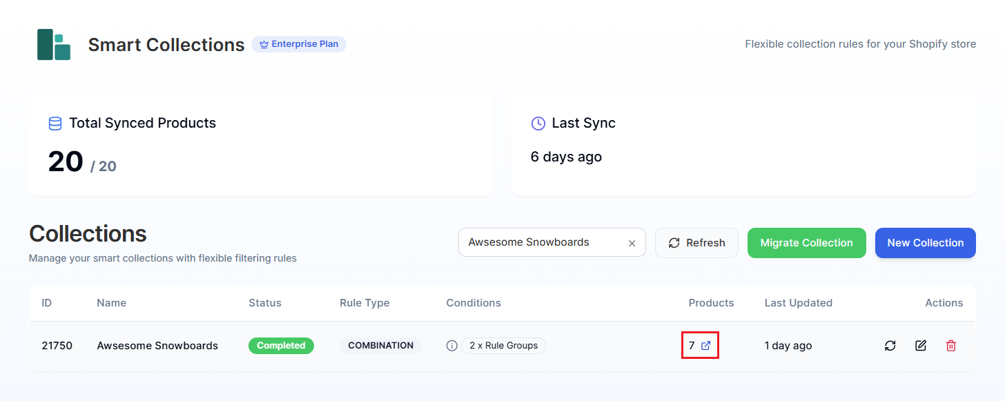 Screenshot of Smart Collections Builder Dashboard-Viewing Products